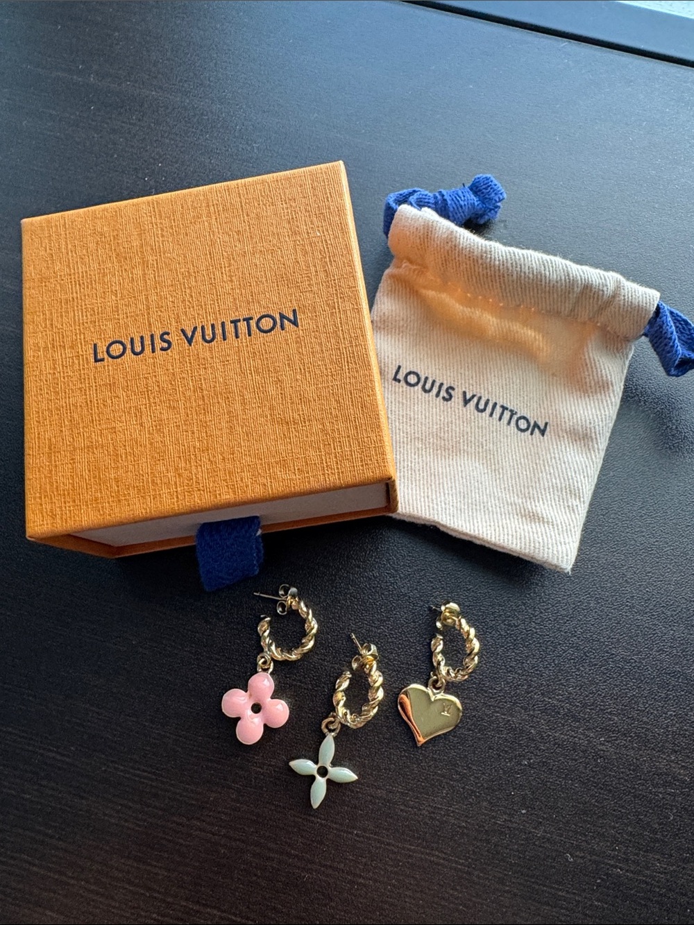 Louis Vuitton Gold Chain Drop Earrings with Gold, Pink & Mint Charms